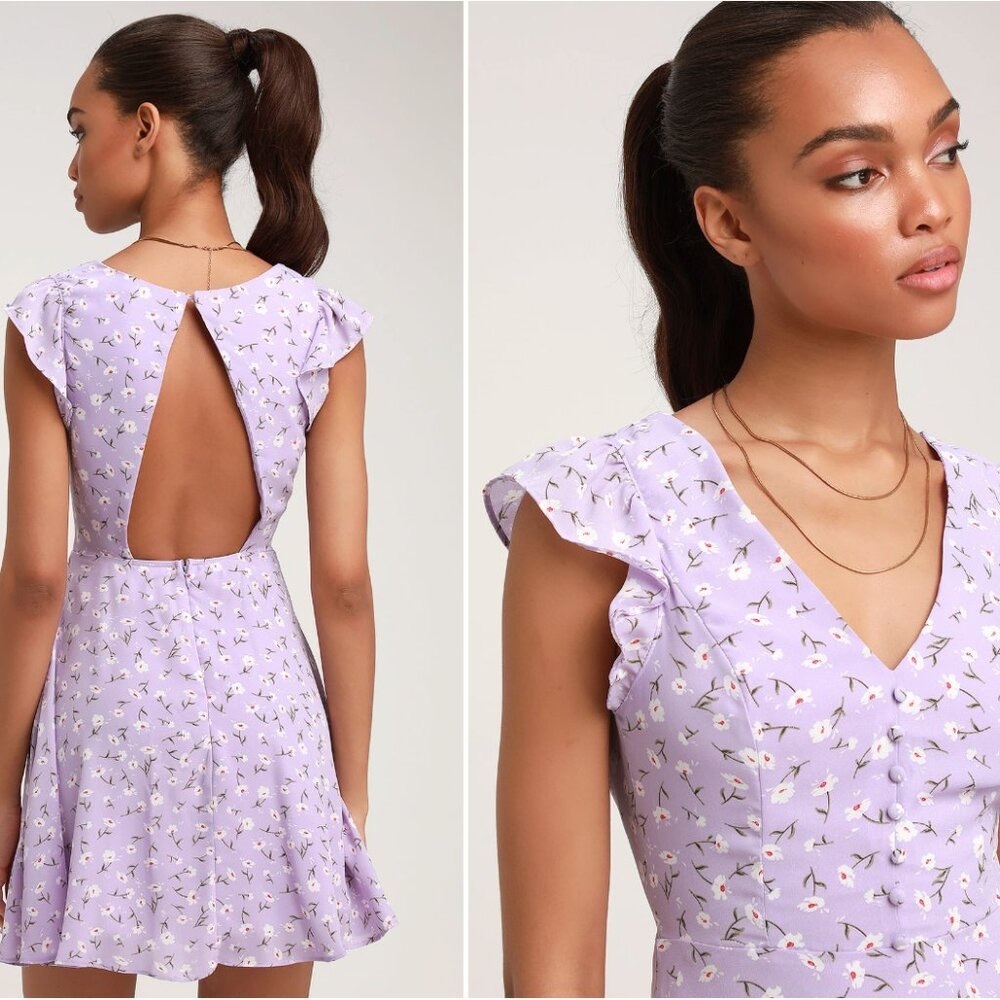 Strike a Posie Lavender Floral Print Backless Skater Dress